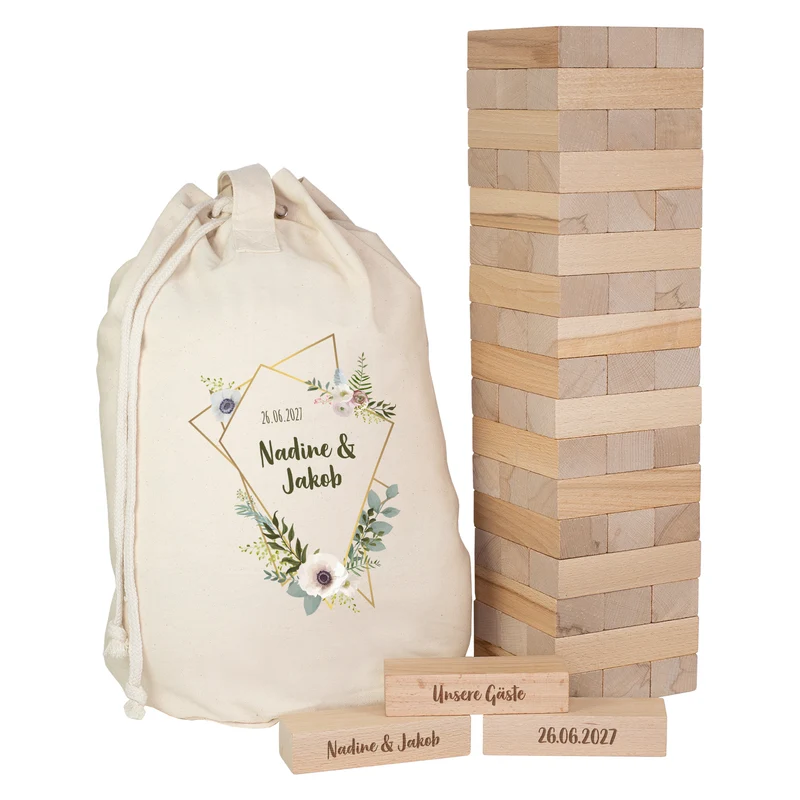 XXL Jenga Wackelturm als personalisiertes Gästebuch zur Hochzeit mit Gravur & Geschenksack mit Motiv