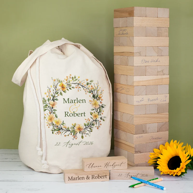 XXL Jenga Wackelturm als Gästebuch zur Hochzeit personalisiert mit Gravur & Geschenksack