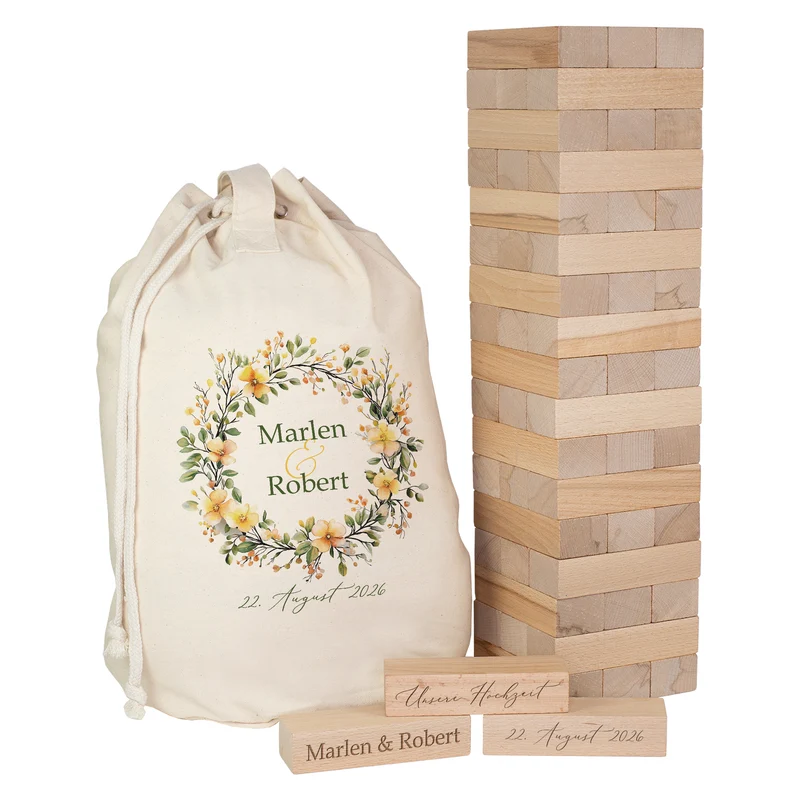 XXL Jenga Wackelturm als Gästebuch zur Hochzeit personalisiert mit Gravur & Geschenksack