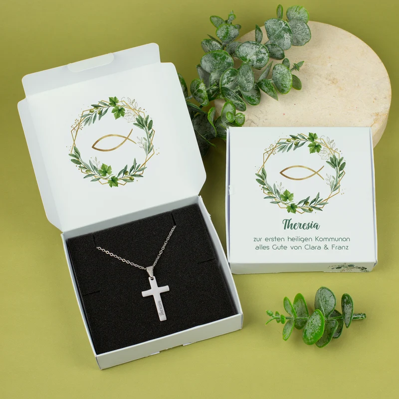 Personalisierte Kreuzkette mit Geschenkbox zur Taufe, Kommunion, Konfirmation oder Firmung | Ichthys