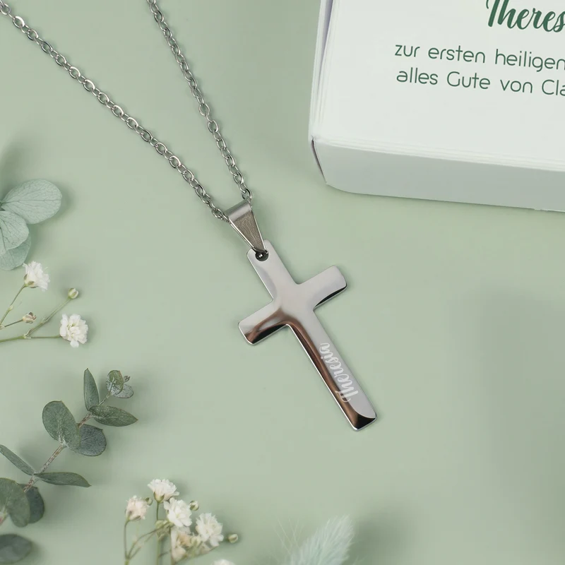 Personalisierte Kreuzkette mit Geschenkbox zur Taufe, Kommunion, Konfirmation oder Firmung | Ichthys