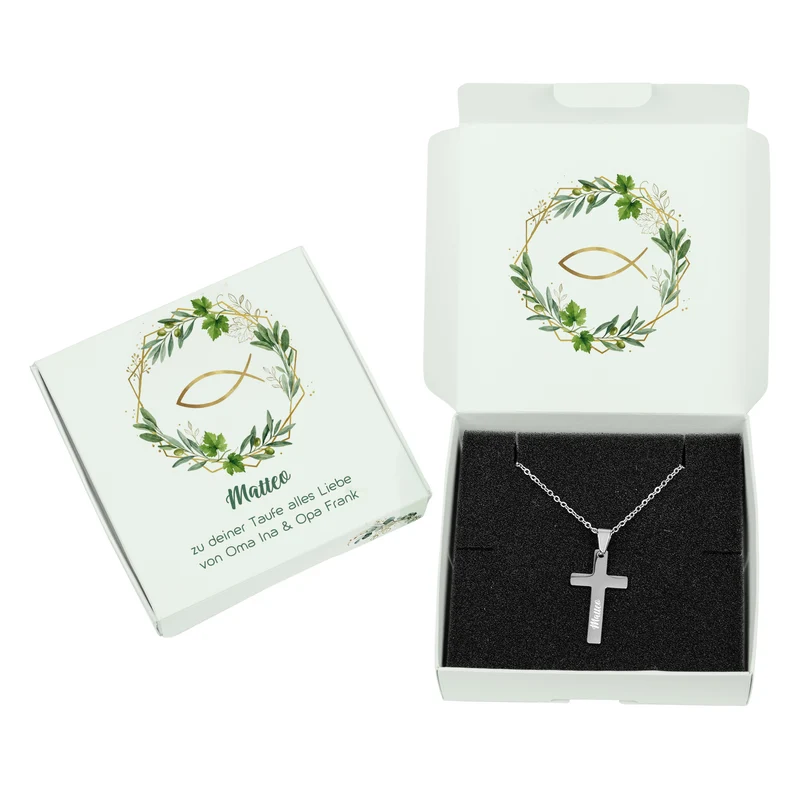 Personalisierte Kreuzkette mit Geschenkbox zur Taufe, Kommunion, Konfirmation oder Firmung | Ichthys