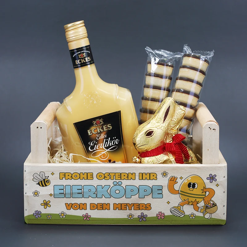 Personalisiertes Geschenkset zu Ostern mit Lindt Goldhase & Eierlikör im Holzkorb 'ihr Eierköppe'
