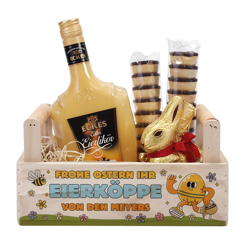 Personalisiertes Geschenkset zu Ostern mit Lindt Goldhase & Eierlikör im Holzkorb 'ihr Eierköppe'