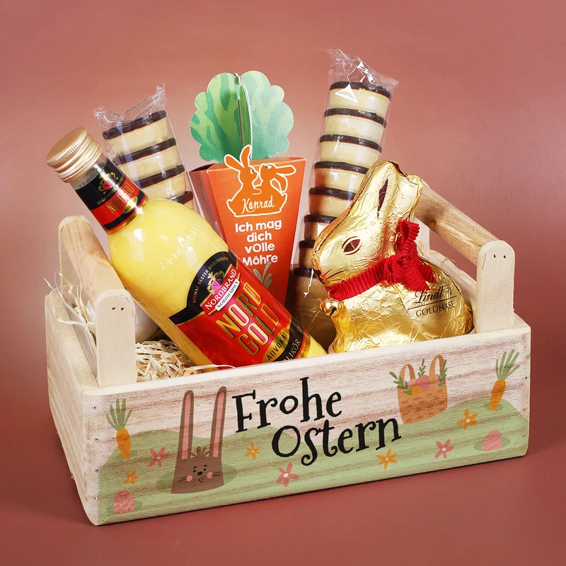 Oster Geschenkset im Holzkorb 'Frohe Ostern' mit personalisierter Möhre, Eierlikör & Lindt Schokolade
