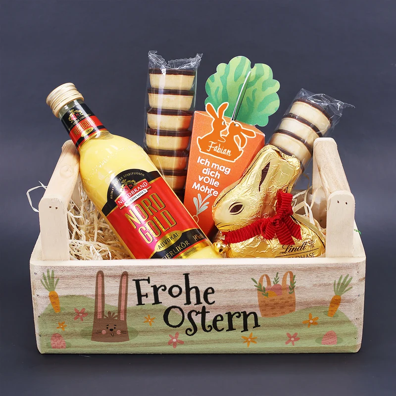 Oster Geschenkset im Holzkorb 'Frohe Ostern' mit personalisierter Möhre, Eierlikör & Lindt Schokolade