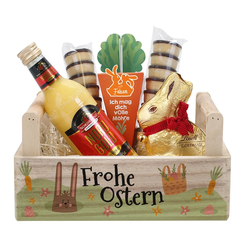 Oster Geschenkset im Holzkorb 'Frohe Ostern' mit personalisierter Möhre, Eierlikör & Lindt Schokolade