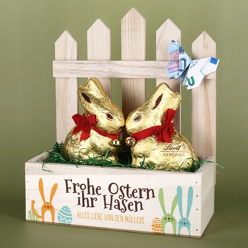 Personalisiertes Osterkörbchen mit 2 Lindt Goldhasen | Osterkorb 'Frohe Ostern ihr Hasen' mit Wunschtext