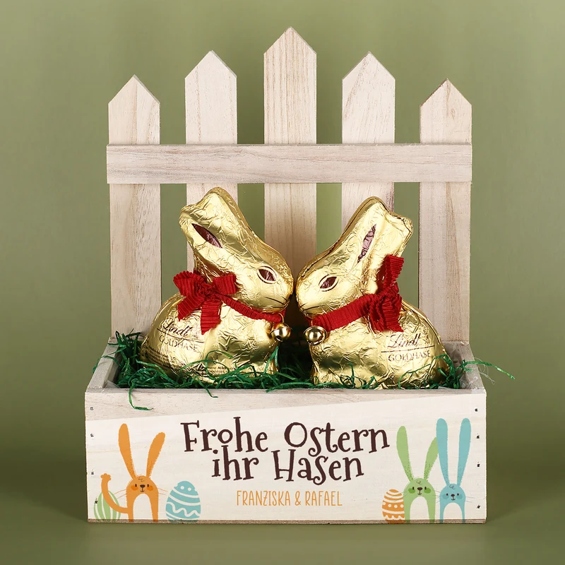 Personalisiertes Osterkörbchen mit 2 Lindt Goldhasen | Osterkorb 'Frohe Ostern ihr Hasen' mit Wunschtext