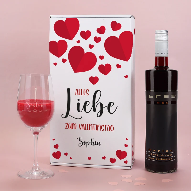 Alles Liebe - Geschenkset zum Valentinstag mit Wein und Duftkerze im Weinglas