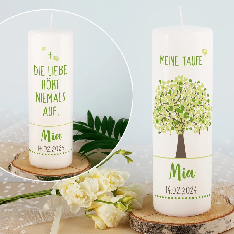 Taufkerze und Patenkerze Lebensbaum - in grün