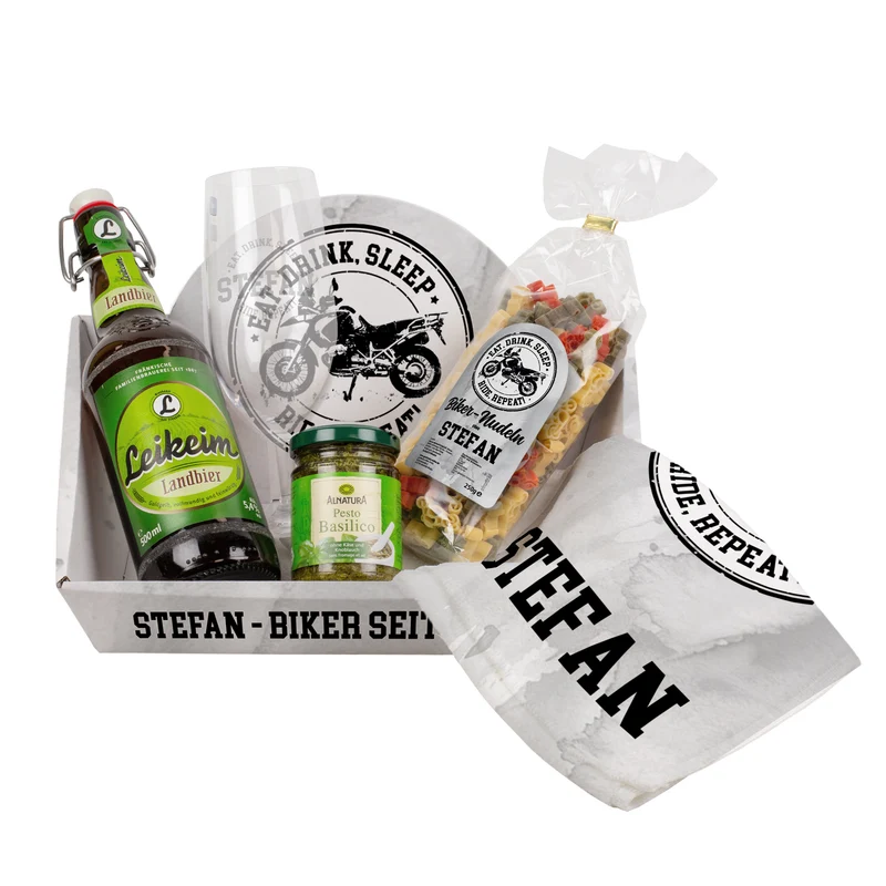 Personalisiertes Biker Geschenkset mit Bier, Glas, Nudeln | Gefüllter Geschenkkorb für Motorradfahrer