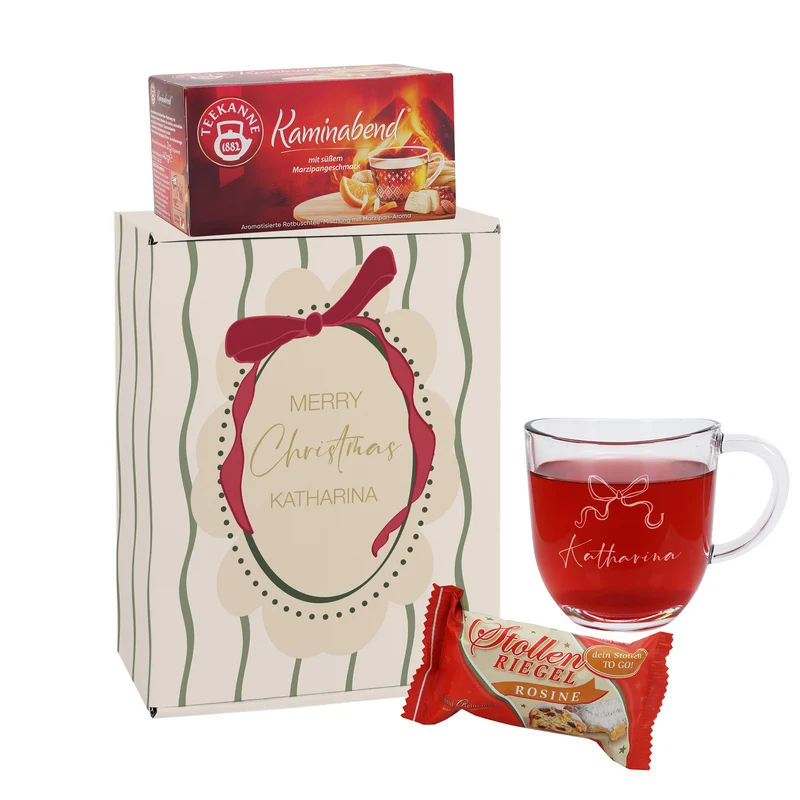 Personalisiertes Geschenkset zu Weihnachten mit Glastasse, Tee, Stollen & Geschenkbox