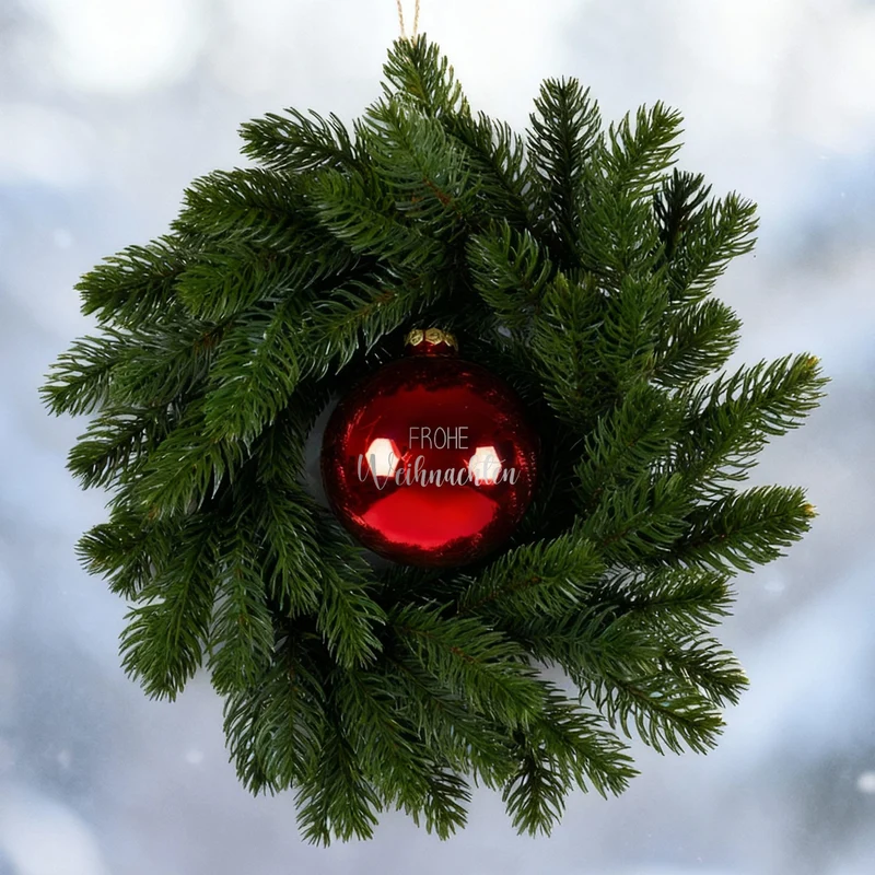 Türkranz & Wandschmuck mit gravierter Kugel 'Frohe Weihnachten' in Rot oder Weiß | Weihnachtsdeko