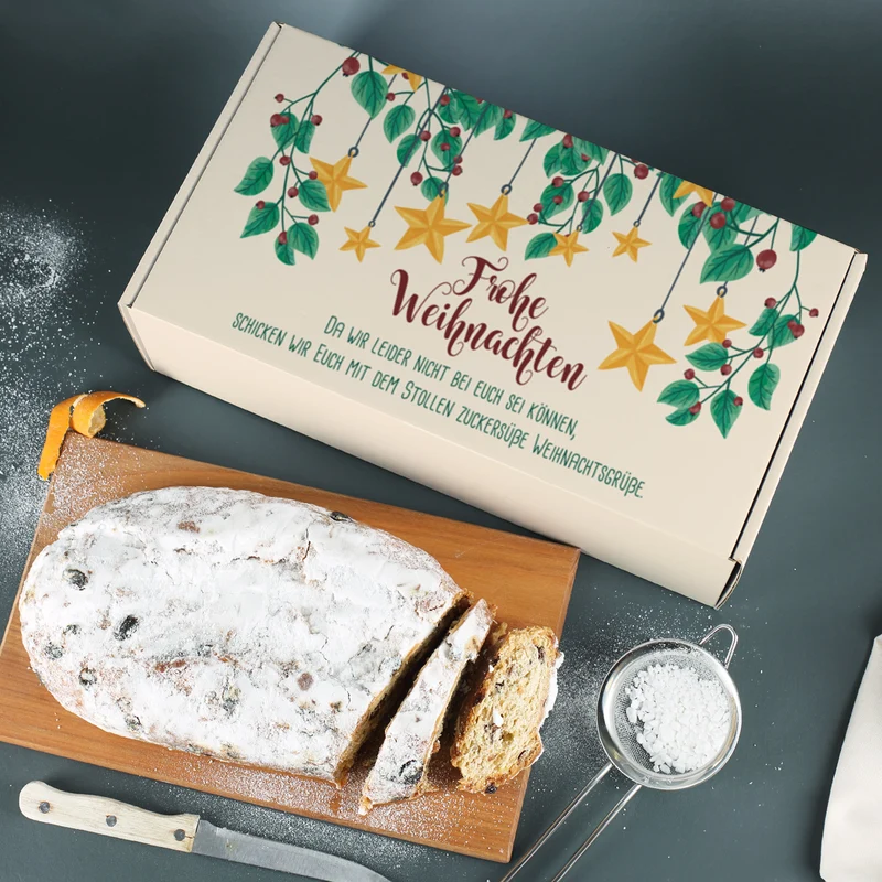 Leckerer Rosinenstollen als Weihnachtsgeschenk mit personalisierbarer Geschenkverpackung