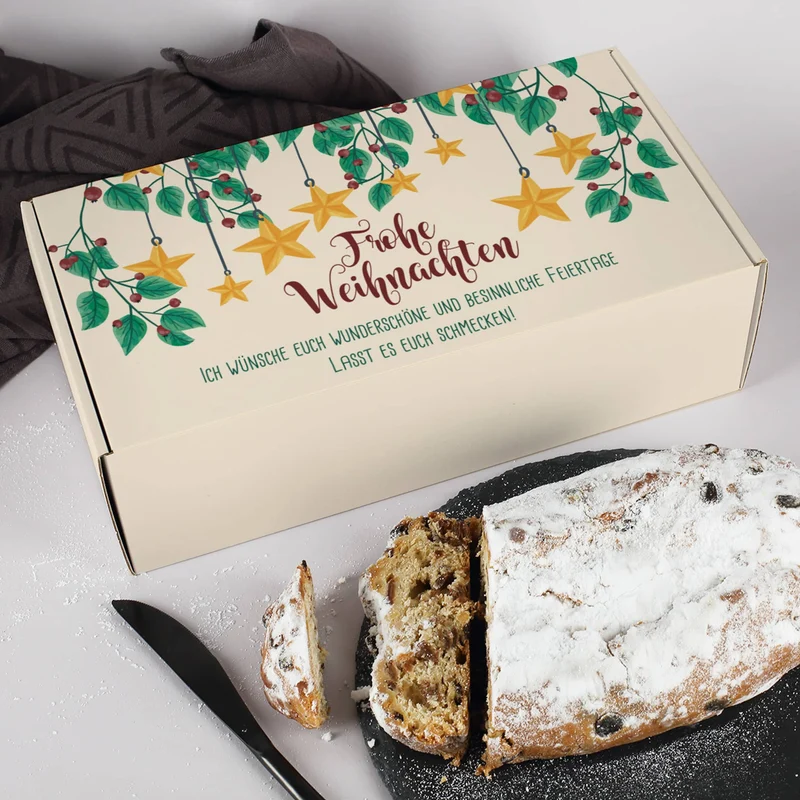 Leckerer Rosinenstollen als Weihnachtsgeschenk mit personalisierbarer Geschenkverpackung