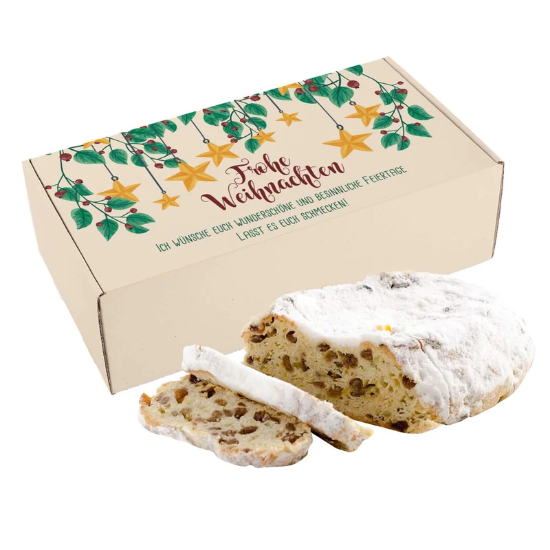 Leckerer Rosinenstollen als Weihnachtsgeschenk mit personalisierbarer Geschenkverpackung