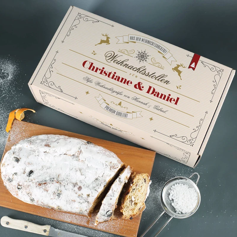 Rosinenstollen nach Thüringer Rezeptur in festlicher Geschenkbox mit Name & Wunschtext, 1000g