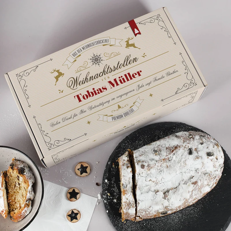 Rosinenstollen nach Thüringer Rezeptur in festlicher Geschenkbox mit Name & Wunschtext, 1000g