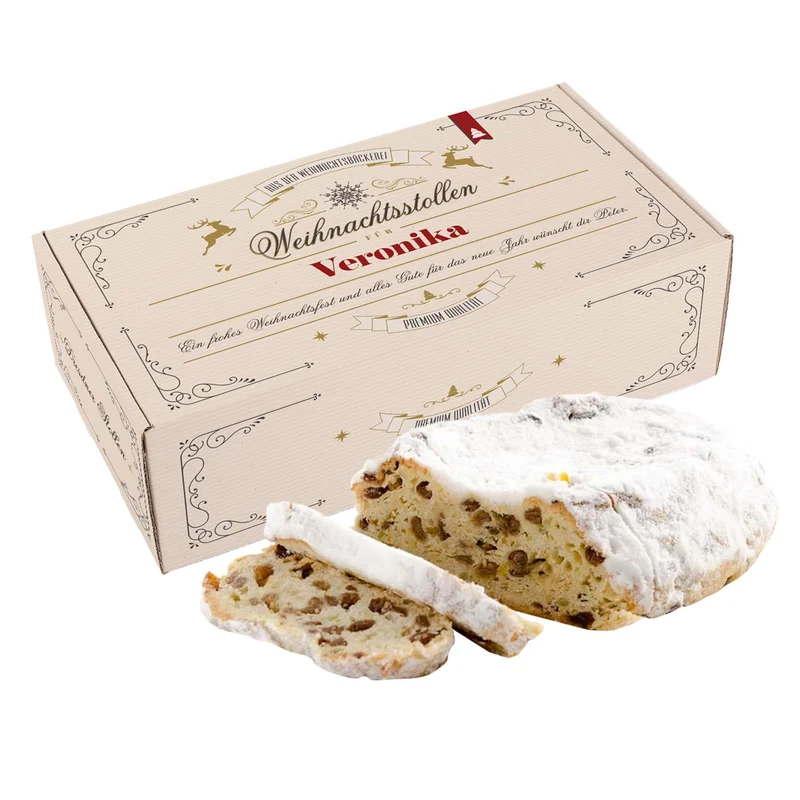 Rosinenstollen nach Thüringer Rezeptur in festlicher Geschenkbox mit Name & Wunschtext, 1000g