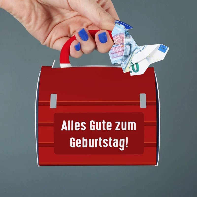 Für Handwerker - Namenstasse in bedruckter Tassentasche im Werkzeugkisten Design