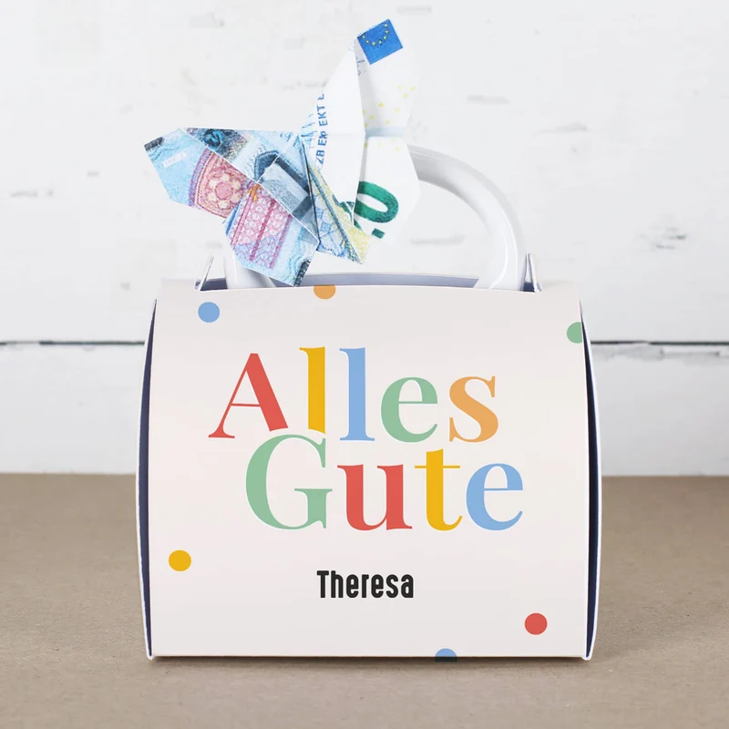 Alles Gute - Tasse mit Name in persönlicher Tassentasche