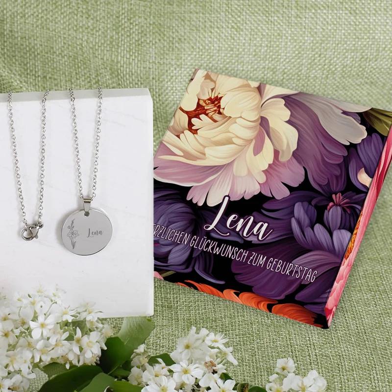 Geburtsblumen-Halskette mit Name in persönlicher Geschenkbox