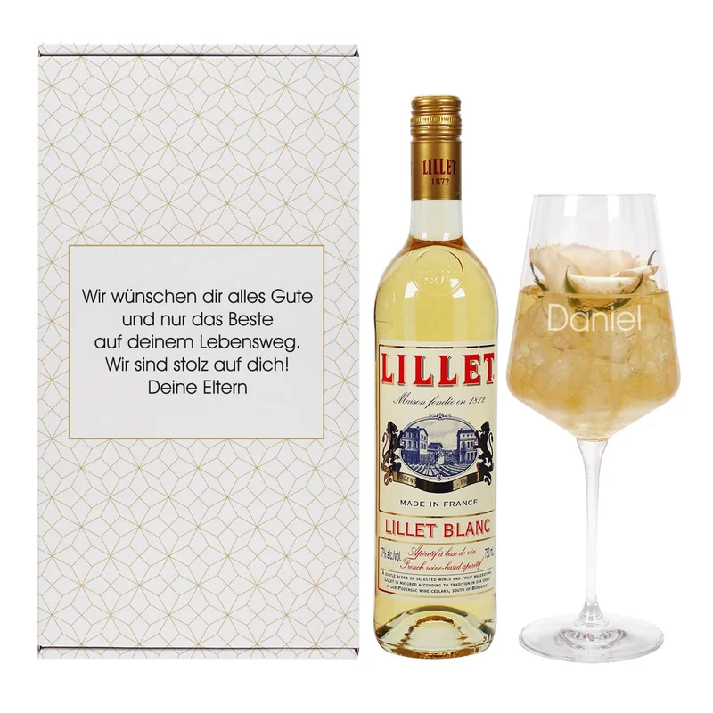Lillet Geschenkset mit graviertem Weinglas für verschiedene Anlässe