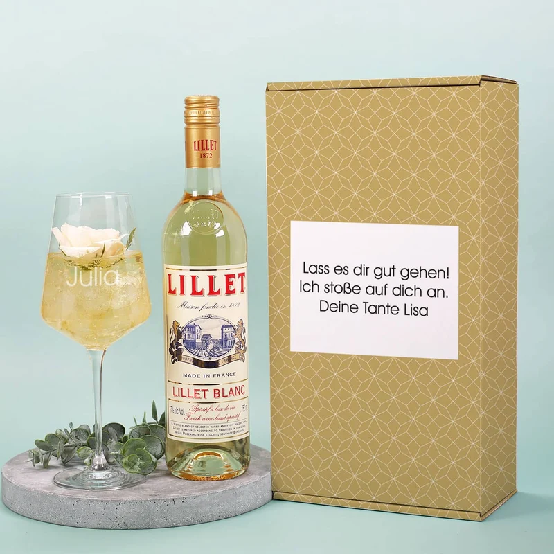 Lillet Geschenkset mit graviertem Weinglas für verschiedene Anlässe