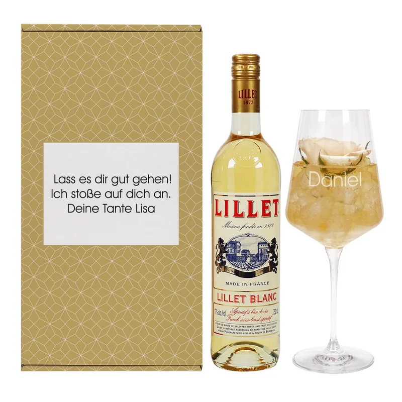 Lillet Geschenkset mit graviertem Weinglas für verschiedene Anlässe