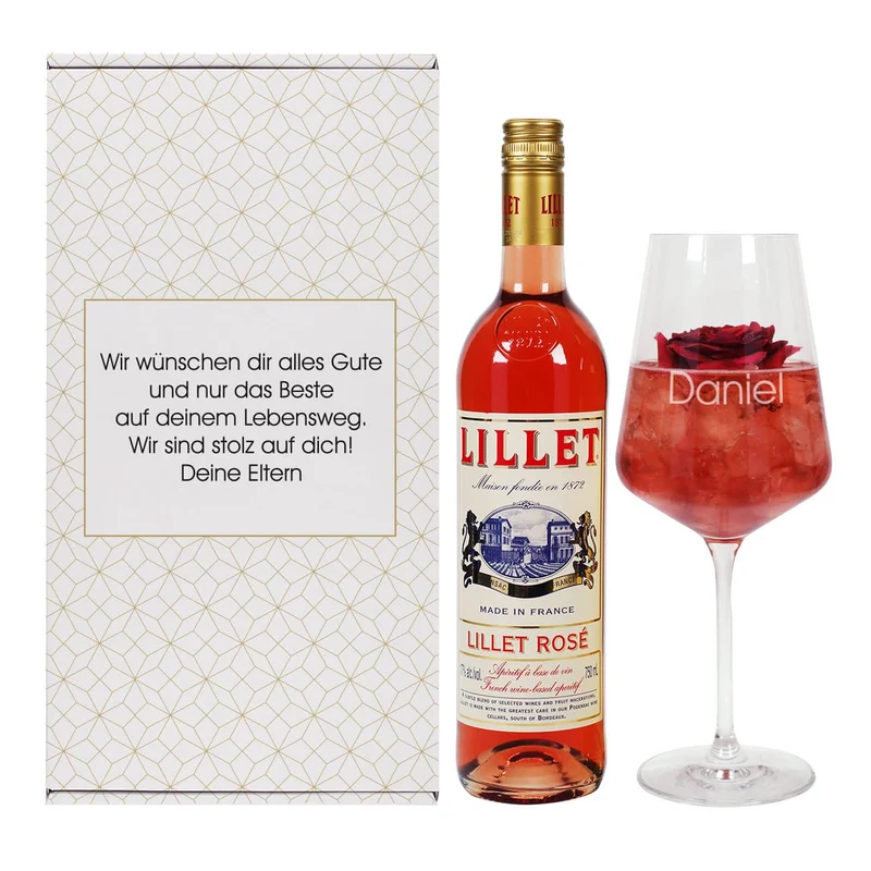 Lillet Geschenkset mit graviertem Weinglas für verschiedene Anlässe