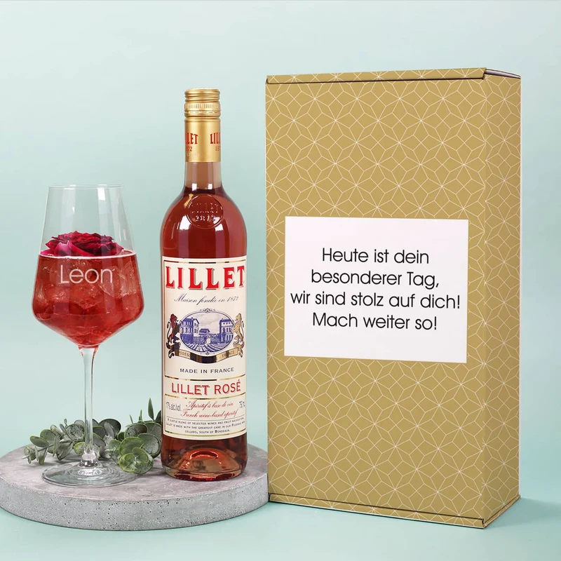 Lillet Geschenkset mit graviertem Weinglas für verschiedene Anlässe