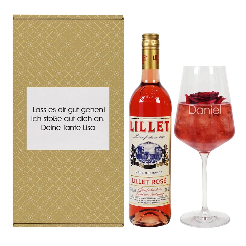 Lillet Geschenkset mit graviertem Weinglas für verschiedene Anlässe