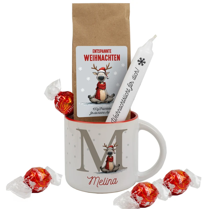 Personalisiertes Geschenkset mit Yoga-Rentier für Weihnachten – Tasse, Tee, Kerze & Lindorkugeln