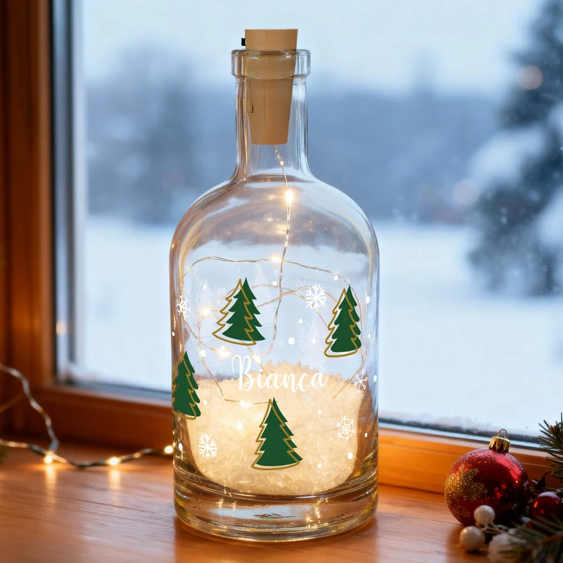 Personalisierte LED-Karaffe mit Tannenbaum-Motiv, Schnee & Name | Weihnachtslicht und Geschenkidee