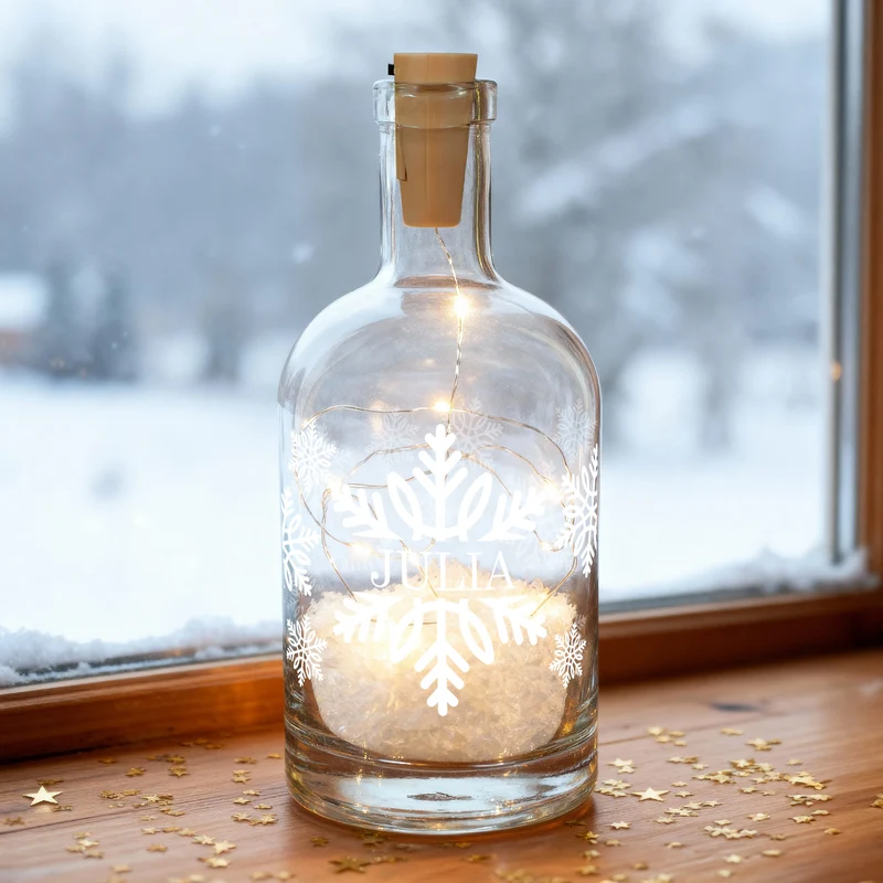 Personalisierte LED-Karaffe mit Schneeflocken, Kunstschnee & Name | Weihnachtslicht und Dekoration