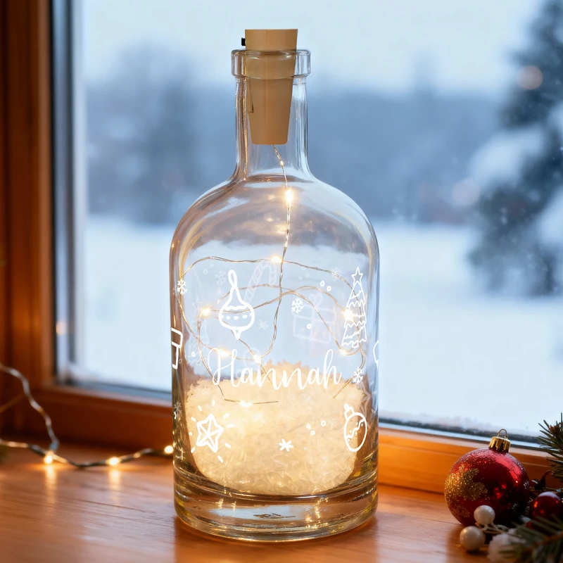 Personalisierte LED-Karaffe mit Schnee-Effekt und Ornamenten | Weihnachtsdeko & Geschenk mit Name