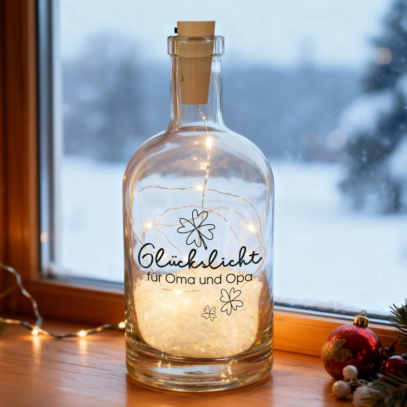 Personalisierte LED Deko-Karaffe 'Glückslicht' mit Text & Schnee | Geschenk zu Weihnachten & Neujahr