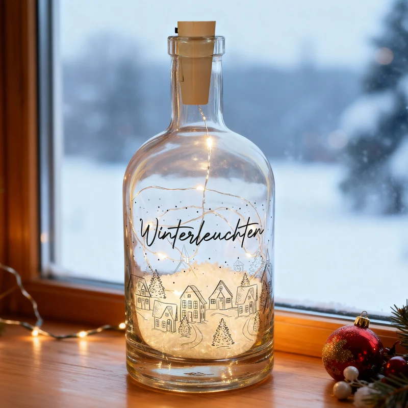 Personalisierte LED Deko-Karaffe 'Winterleuchten' mit Winterdorf & Wunschtext | Weihnachtsgeschenk