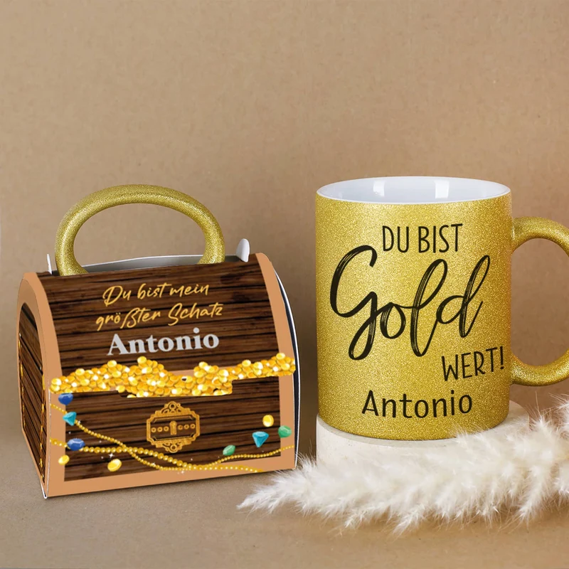 Du bist Gold wert Tasse mit passender Tassentasche