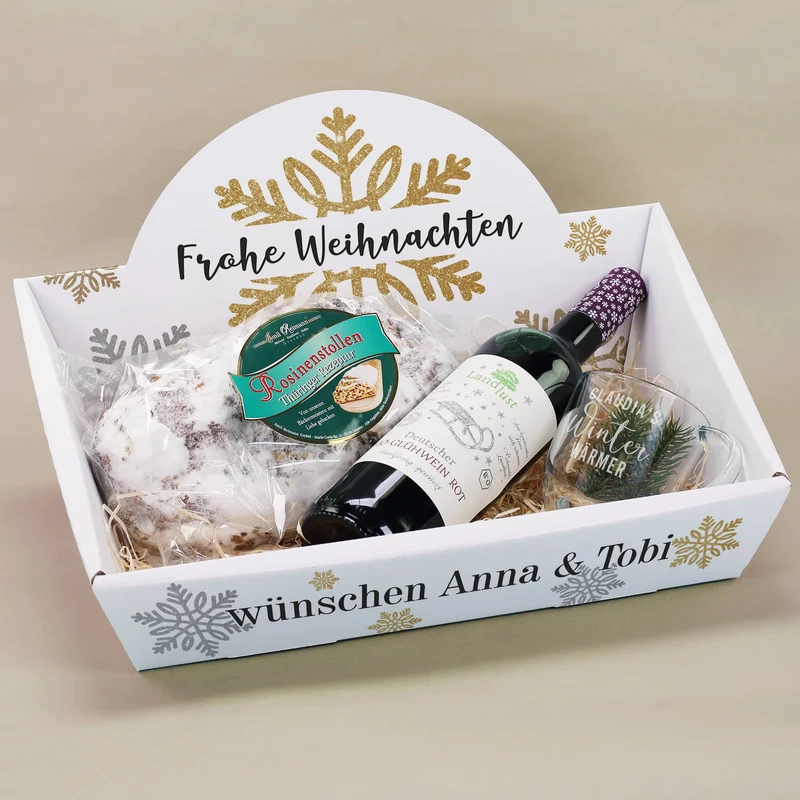Geschenkkorb "Frohe Weihnachten" mit Glühwein, Stollen und graviertem Glas