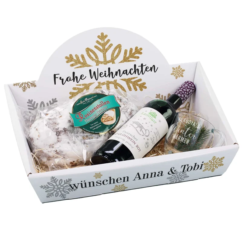 Geschenkkorb "Frohe Weihnachten" mit Glühwein, Stollen und graviertem Glas