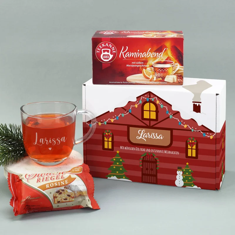 Weihnachtliches Geschenkset mit personalisierbarer Weihnachtshausverpackung, Teekanne Tee, kleinen S