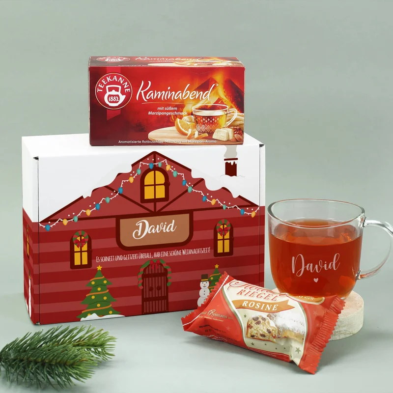 Weihnachtliches Geschenkset mit personalisierbarer Weihnachtshausverpackung, Teekanne Tee, kleinen S