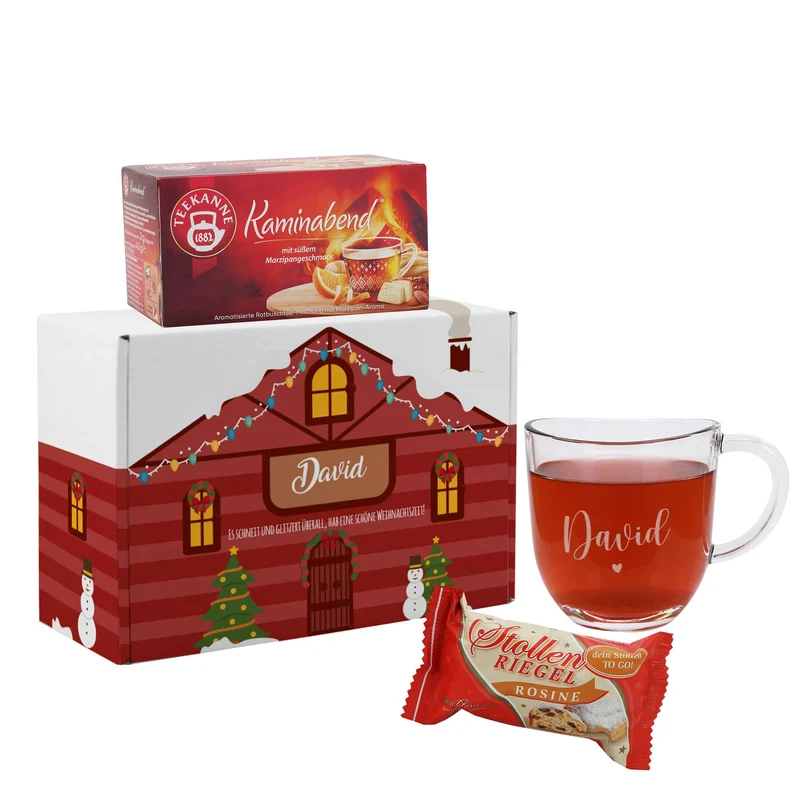 Weihnachtliches Geschenkset mit personalisierbarer Weihnachtshausverpackung, Teekanne Tee, kleinen S