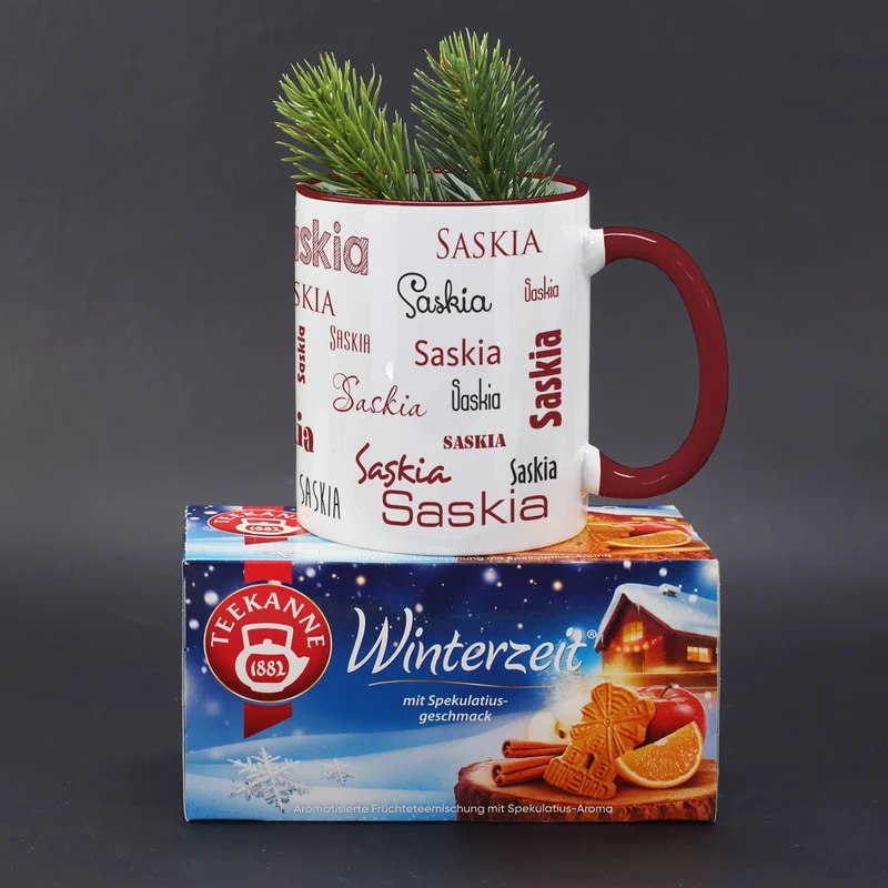 Frohe Weihnachten - Geschenkset mit Teekanne Tee und Namenstasse