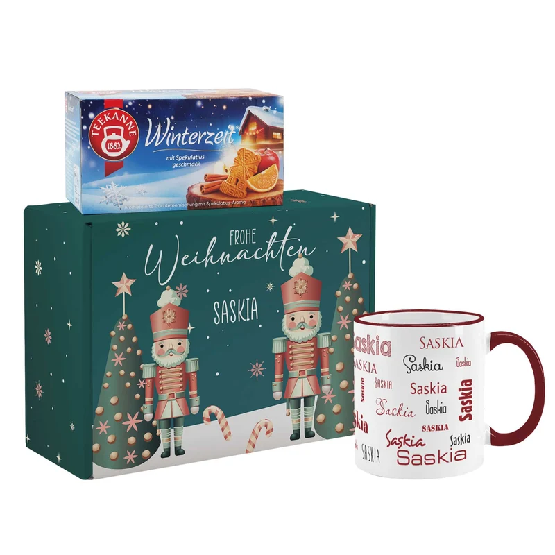 Frohe Weihnachten - Geschenkset mit Teekanne Tee und Namenstasse