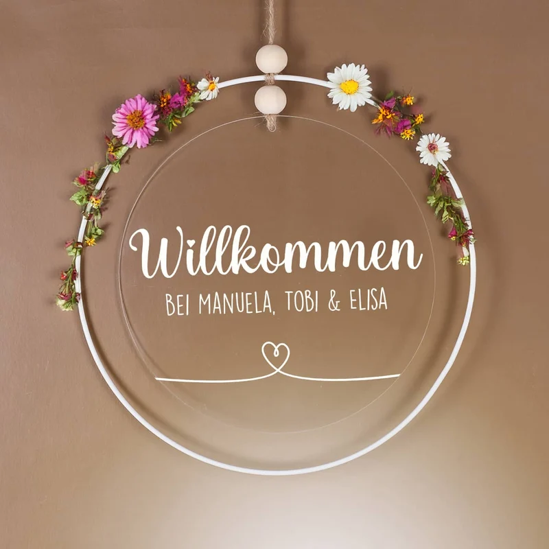 Modernes Willkommensschild aus Acryl im Metallring