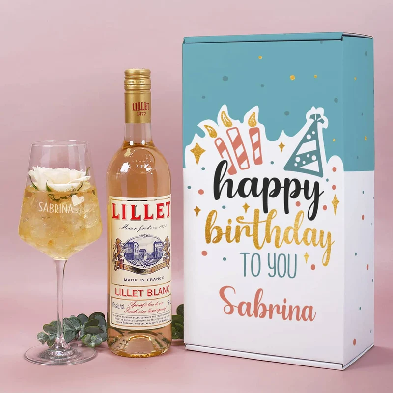 Happy Birthday to you - Lillet Geschenkset zum Geburtstag mit graviertem Weinglas