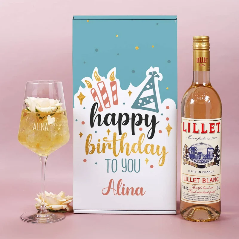 Happy Birthday to you - Lillet Geschenkset zum Geburtstag mit graviertem Weinglas